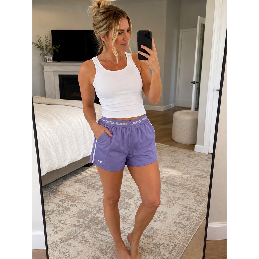 Under Armour Tech Play Up Shorts Purple White Athletic Gym Running XL 1389882